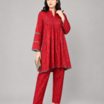 Red Printed Peplum Two-Piece Suit