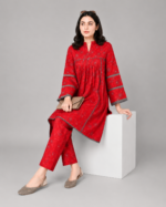 Red Printed Peplum Two-Piece Suit - Image 3